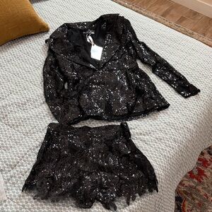 Black Sequin Women's Blazer and Skirt Set